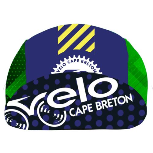 Cycling cap flipped up brim. Brim reads Velo Cape Breton